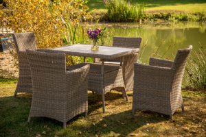 LifestyleGarden Bermuda 4 Seat Dining Set with Parasol and Base in in Natural | Garden Furniture Online