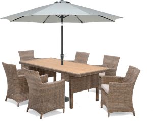 LifestyleGarden Bermuda 6 Seat Dining Set with Parasol and Base in in Natural | Garden Furniture Online