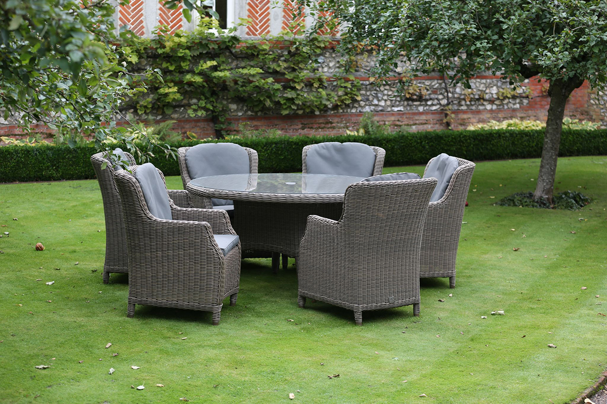 4 Seasons Outdoor Brighton 170cm Round 6 Seat Dining Set in Pure Weave