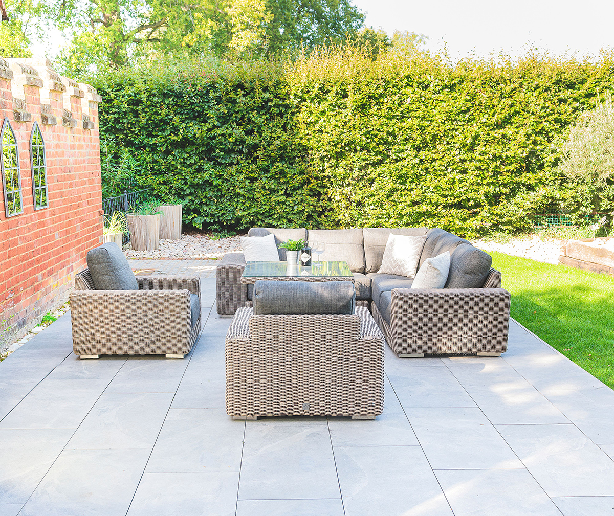 4 Seasons Outdoor Kingston Corner Set with 90cm Hi Lo Denver Table and 2 Armchairs | Garden Furniture Online