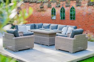 4 Seasons Outdoor Kingston Corner Set with 150cm x 90cm Hi Lo Denver Table and 2 Armchairs | Garden Furniture Online