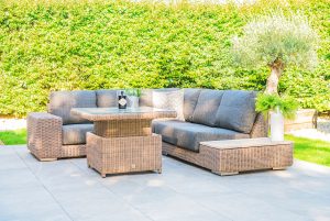 4 Seasons Outdoor Kingston Left Teak Corner Set with 90cm Hi Lo Denver Table and 1 Armchair | Garden Furniture Online