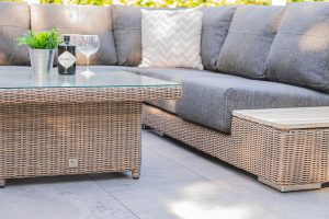 4 Seasons Outdoor Kingston Left Teak Corner Set with 90cm Hi Lo Denver Table and 1 Armchair | Garden Furniture Online