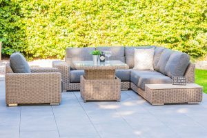 4 Seasons Outdoor Kingston Left Teak Corner Set with 90cm Hi Lo Denver Table and 1 Armchair | Garden Furniture Online