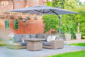 4 Seasons Outdoor Kingston Right Teak Corner Set with 90cm Hi Lo Denver Table | Garden Furniture Online