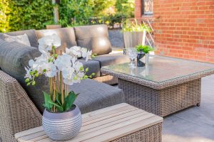 4 Seasons Outdoor Kingston Right Teak Corner Set with 90cm Hi Lo Denver Table | Garden Furniture Online