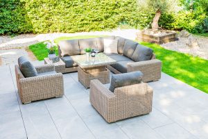 4 Seasons Outdoor Kingston Right Teak Corner Set with 90cm Hi Lo Denver Table and 2 Armchairs | Garden Furniture Online