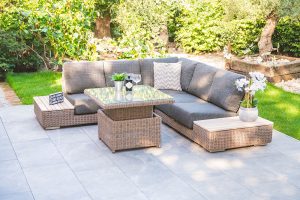 4 Seasons Outdoor Kingston Full Teak Corner Set with 90cm Hi Lo Denver Table | Garden Furniture Online