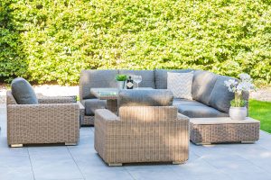 4 Seasons Outdoor Kingston Full Teak Corner Set with 90cm Hi Lo Denver Table and 2 Armchairs | Garden Furniture Online