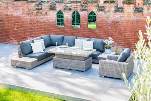 4 Seasons Outdoor Kingston Full Teak Corner Set with 150cm x 90cm Hi Lo Denver Table and 1 Armchair | Garden Furniture Online