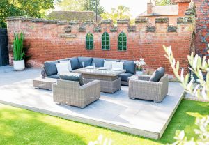 4 Seasons Outdoor Kingston Full Teak Corner Set with 150cm x 90cm Hi Lo Denver Table and 2 Armchairs | Garden Furniture Online