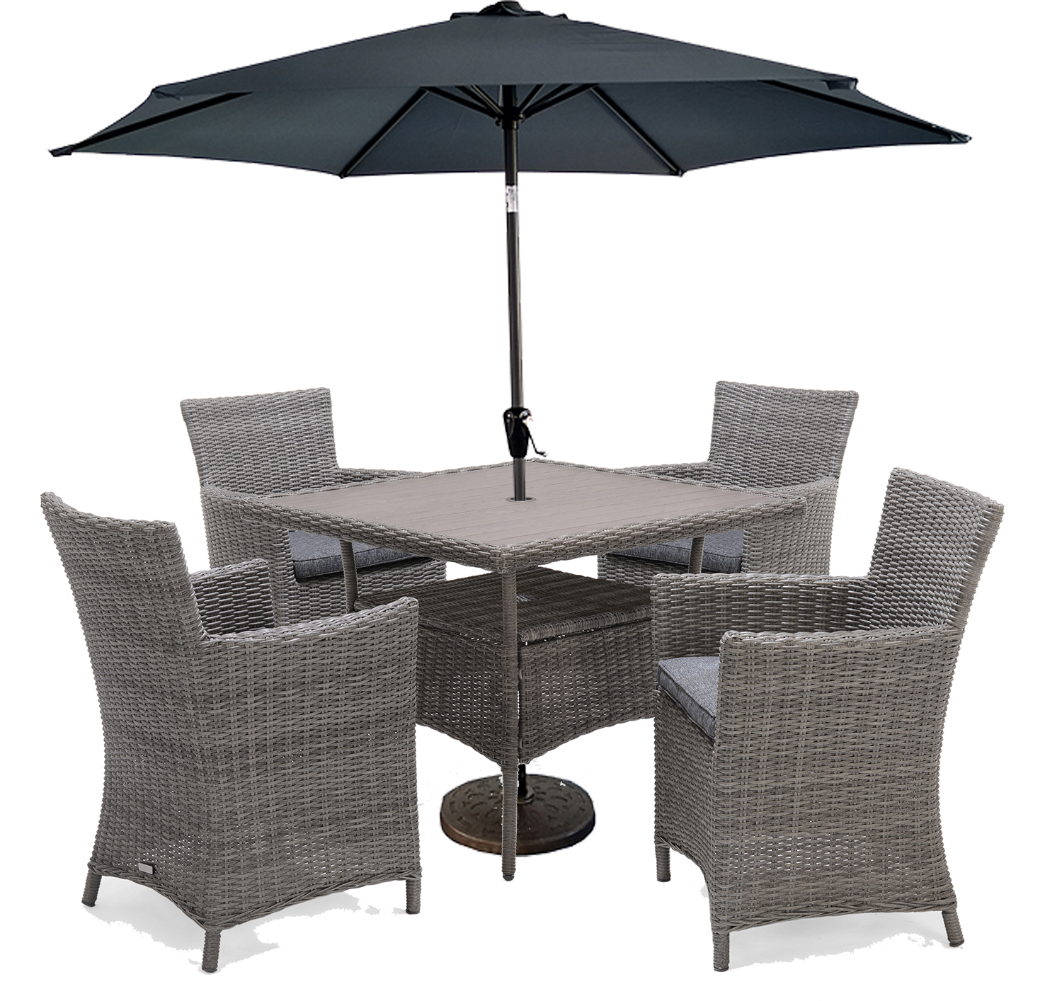 LifestyleGarden Bermuda 4 Seat Dining Set with Parasol and Base in in Grey | Garden Furniture Online