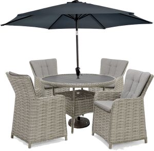 LifestyleGarden Samoa 4 Seat Dining Set with Parasol and Base | Garden Furniture Online