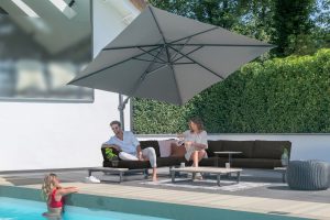 4 Seasons Outdoor Siesta 3m Square Charcoal Parasol with 125kg Granite Base and Wheels | Garden Furniture Online