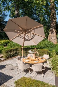 4 Seasons Outdoor Siesta Premium 35m Round Sand Wood Look Frame Parasol with 125kg Granite Base and Wheels | Garden Furniture Online