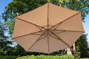 4 Seasons Outdoor Siesta Premium 35m Round Sand Wood Look Frame Parasol with 125kg Granite Base and Wheels | Garden Furniture Online